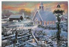 NOS LEANIN' TREE Christmas Card 6.75x4.75 Street Lamp Church Covered Bridge
