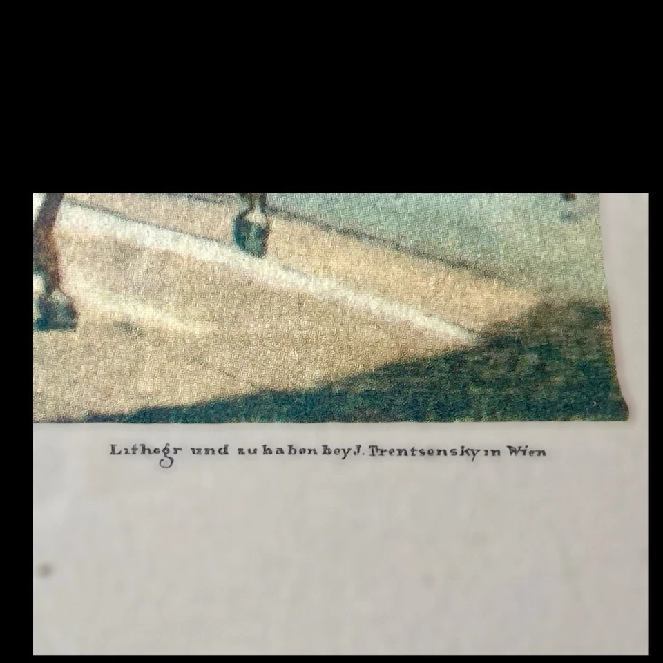 Litografia emoldurada antiga com estampa de carruagem vienense “Wiener Fuhrwerk Das Caricle” - Imagem 4 de 4