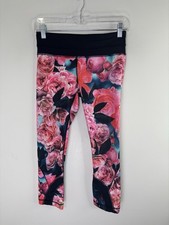Lululemon Crop Leggings Size 4 Pink Floral Black Trim Women  s 26x21