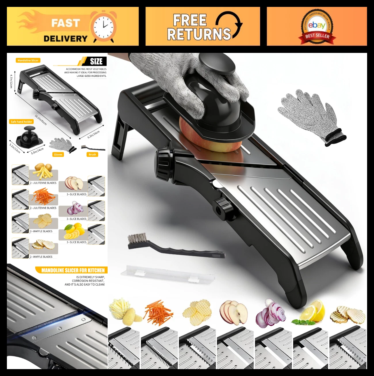 Adjustable Stainless Steel Mandoline Slicer - 7-in-1 Vegetable Cutter with Glove