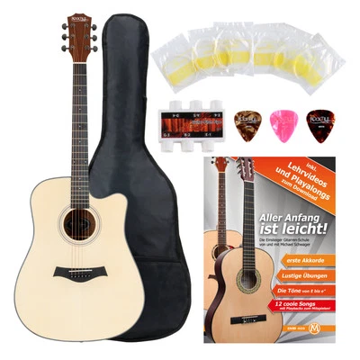 Guitare Acoustique Folk Dreadnought Cutaway Sapelli Set d'apprentissage Housse - Photo 1/4