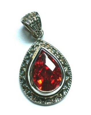 Sterling Silver 925 Teardrop Shaped Bali Style Red Cubic Zirconia Pendant