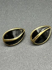 Vintage NAPIER Black and Gold Tone Marked Pierced Post Earrings Tear Drop 1.25"