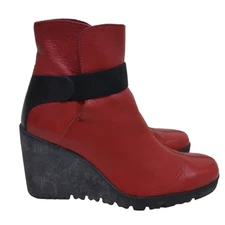 $575 ARCHE France 5.5 Boots Ankle Red Wedge Leather Slip-on