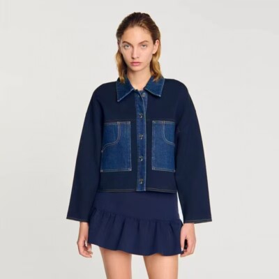 Sandro  Blue denim patchwork pocket lapel knitted metal button cardigan Coats