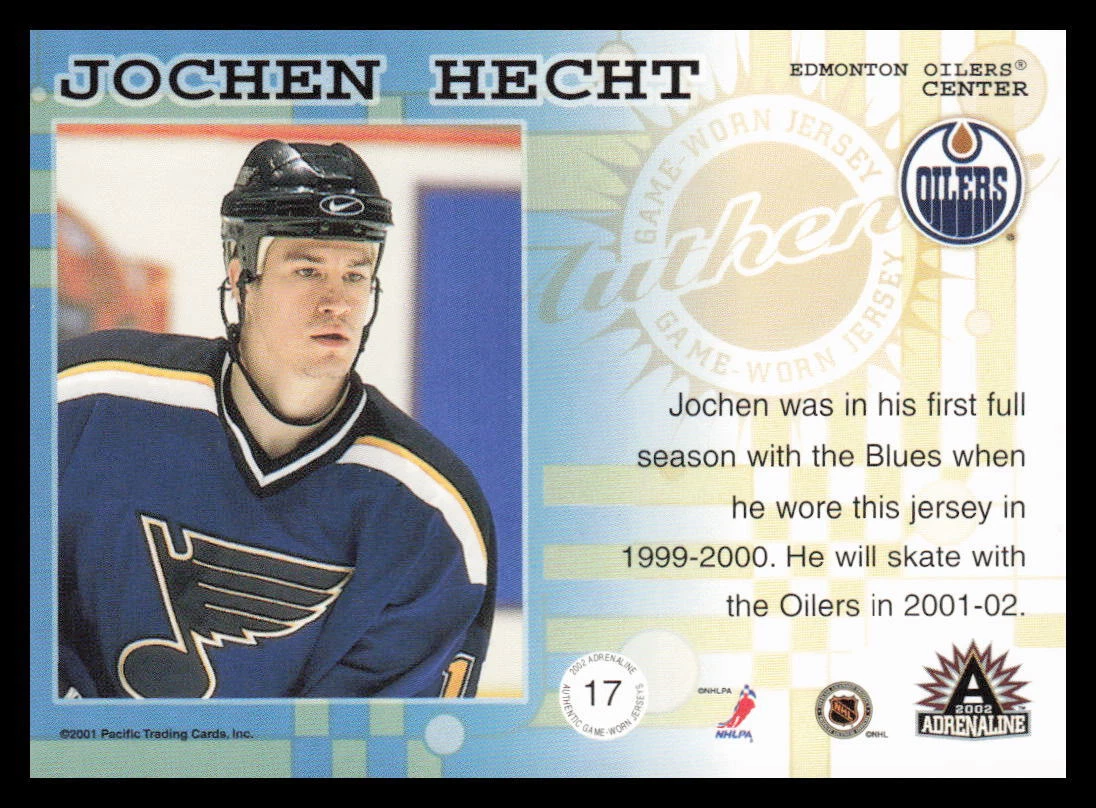 2001 Pacific Adrenaline Jerseys 17 Jochen Hecht Edmonton Oilers