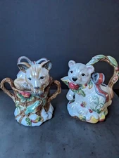 FITZ & FLOYD Enchanted Holiday Fox Bear Bow Sugar Creamer Holiday Decor