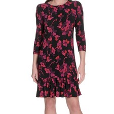 Tommy Hilfiger Womens Size 2 Shift Dress Jersey Knit Black Multi Floral 3/4 Slv