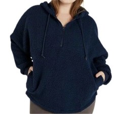 NWT Victoria's Secret PINK Navy Blue Sherpa Fleece Quarter Zip Hoodie pullover S
