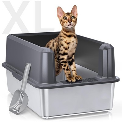 WoofiGo Enclosed Stainless Steel Cat Litter Box w/ Lid XL Extra Large Metal Pan