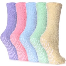 Non Slip Hospital Socks for Women with Grips Fuzzy 5 Pairs Non Slip Rainbow a