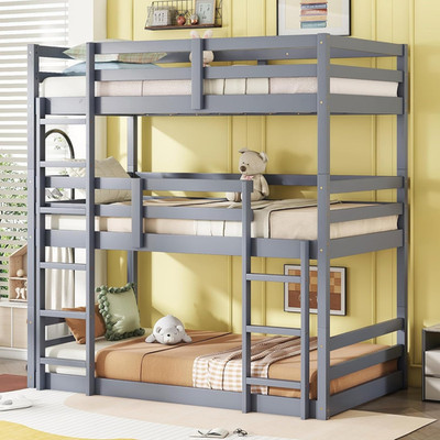 Triple Twin Bunk Bed in Grey with Ladders and Guardrails - Detachable Design