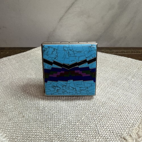 Vtg Native American Inlaid Turquoise & Other Semi-Precious Stones Pill Box 1.5”