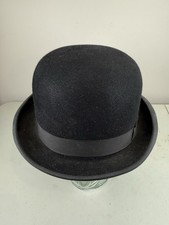 TRESS  CO LONDON Black Felt Bowler Derby Hat 7 Medium 21 7/8 Made In England