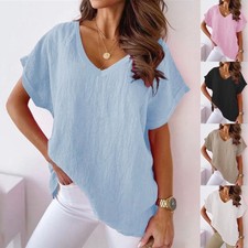 Women's Baggy Casual Tops Shirts Tee Linen Cotton Loose Blouse T-shirt PLUS SIZE