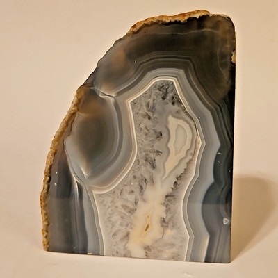 Steel Blue Gray Banded Agate Geode 3.75''x4.75'' Polished Front Rough Back 2''Slice