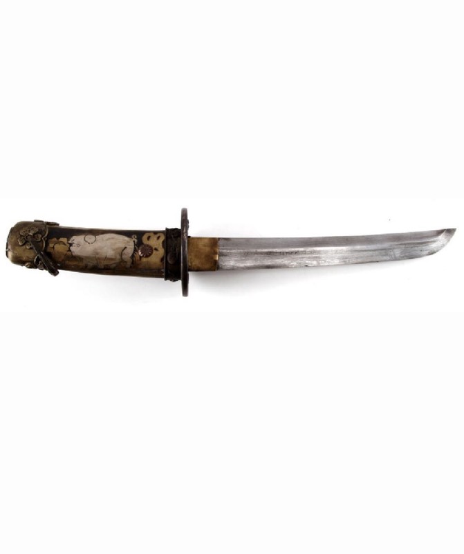 JAPANESE FIGURAL PASTORAL SCENE TANTO WITH SHEATH