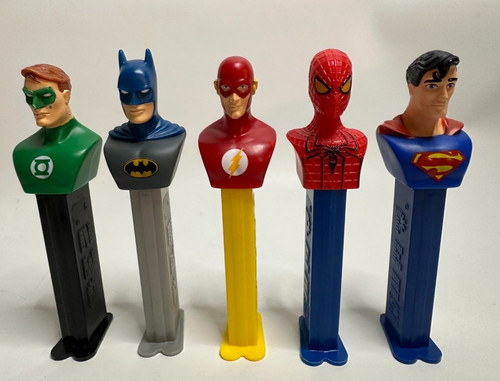 DC Comic JusticeLeague Pez Dispensers Batman/Superman/Flash/G Lantern/+Spiderman
