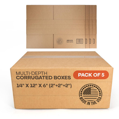 Multi-Depth Corrugated Shipping Boxes, 14''L X 12''W X 6''H, Pack of 5 - Usa-Made B
