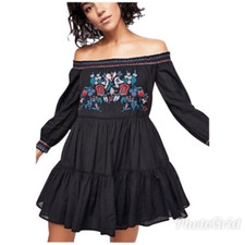 FREE PEOPLE Dress XS Black Off The Shoulder Embroidered Mini Boho Bohemian New