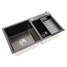 Kitchen Sink Double Bowl 304 Stainless Steel Black With Overflow Soap Dispenser