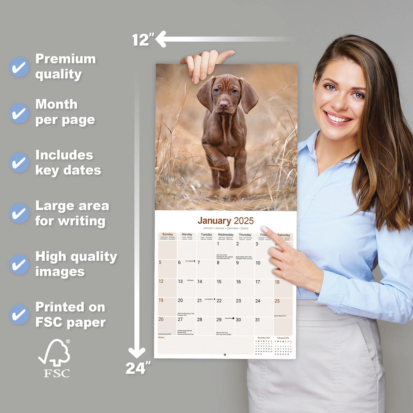 Vizsla Calendar 2025 Dog Breed Gift Wall Calendar 15% OFF MULTI ORDERS!