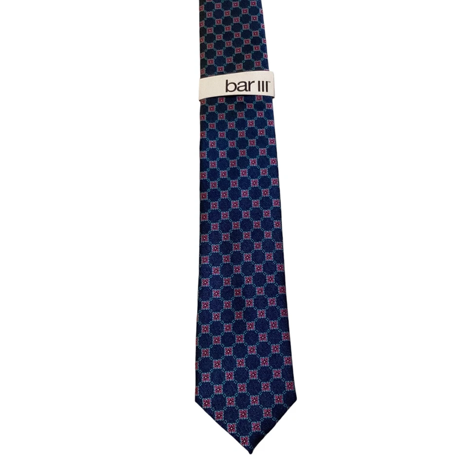 BAR III Men's Polyester Skinny Necktie Designer Geometric Blue/Pink NWT $55 - Image 2 of 3