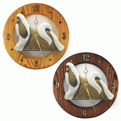 Shih Tzu Holz Uhr Gold/Weiß
