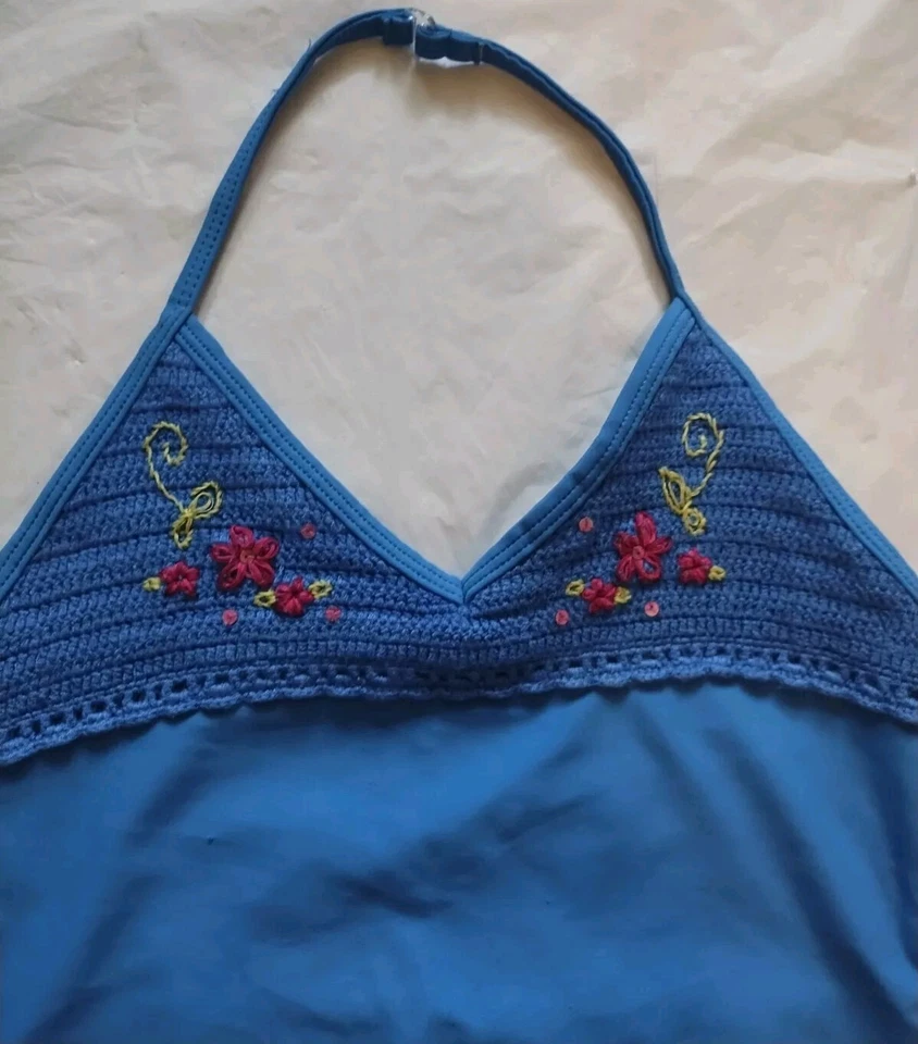 ДЕВОЧКИ ПЕСОК N СОЛНЦЕ ЦВЕТОЧНАЯ ВЫШИВКА СИНИЙ ЦЕЛЬНЫЙ КУПАЛЬНИК SZ 8,5 - Изображение 2 из 4