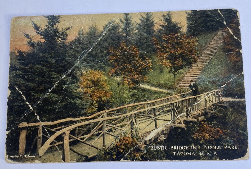 Vintage Postcard c1915~ Lincoln Park Rustic Bridge View ~ Tacoma Washington WA