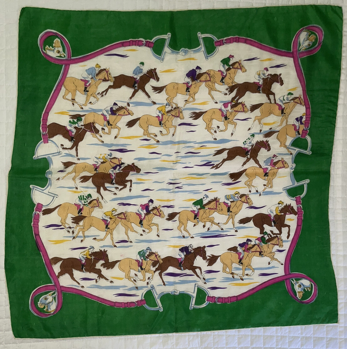 Vintage Horse Racing 24" Square Fashion Scarf Horses, Jockeys, Tack