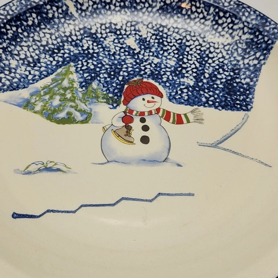 Plato de muñeco de nieve de cerámica Thomson 12,5” bandeja de plato azul redondo Navidad de invierno Foto 2 de 4