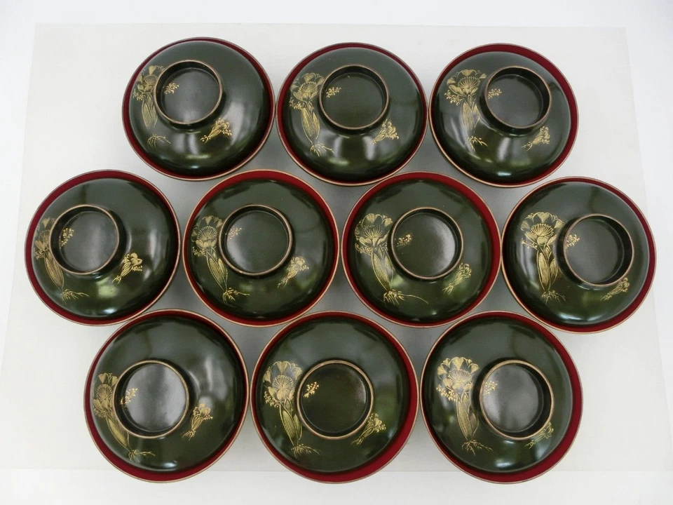 Juego de 10 cuencos de sopa japoneses antiguos de madera laca verde WAJIMA wajima chin kin Foto 3 de 4
