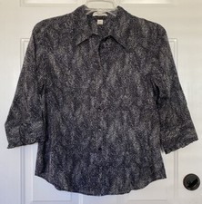 Coldwater Creek M Black Gray No Iron 3/4 Sleeve Button Shirt Lightweight 10 12