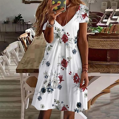 Womenu0026#039;s Summer Mini Dress Casual Short Sleeve V Neck Floral Print Dress  Flowy A | eBay
