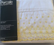 VTG JCP White Twin Flat Sheet Eyelet Yellow Embroidered Trim NEW 1980s Retro