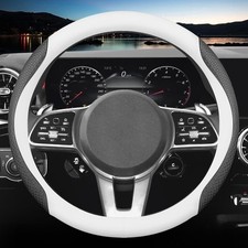 Nappa Leather Steering Wheel Cover Universal 14.5-15 Inch White And Black