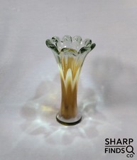 Murano Sommerso Art Glass Vase 11.5  Hand Blown Green Amber Fluted Petal Rim