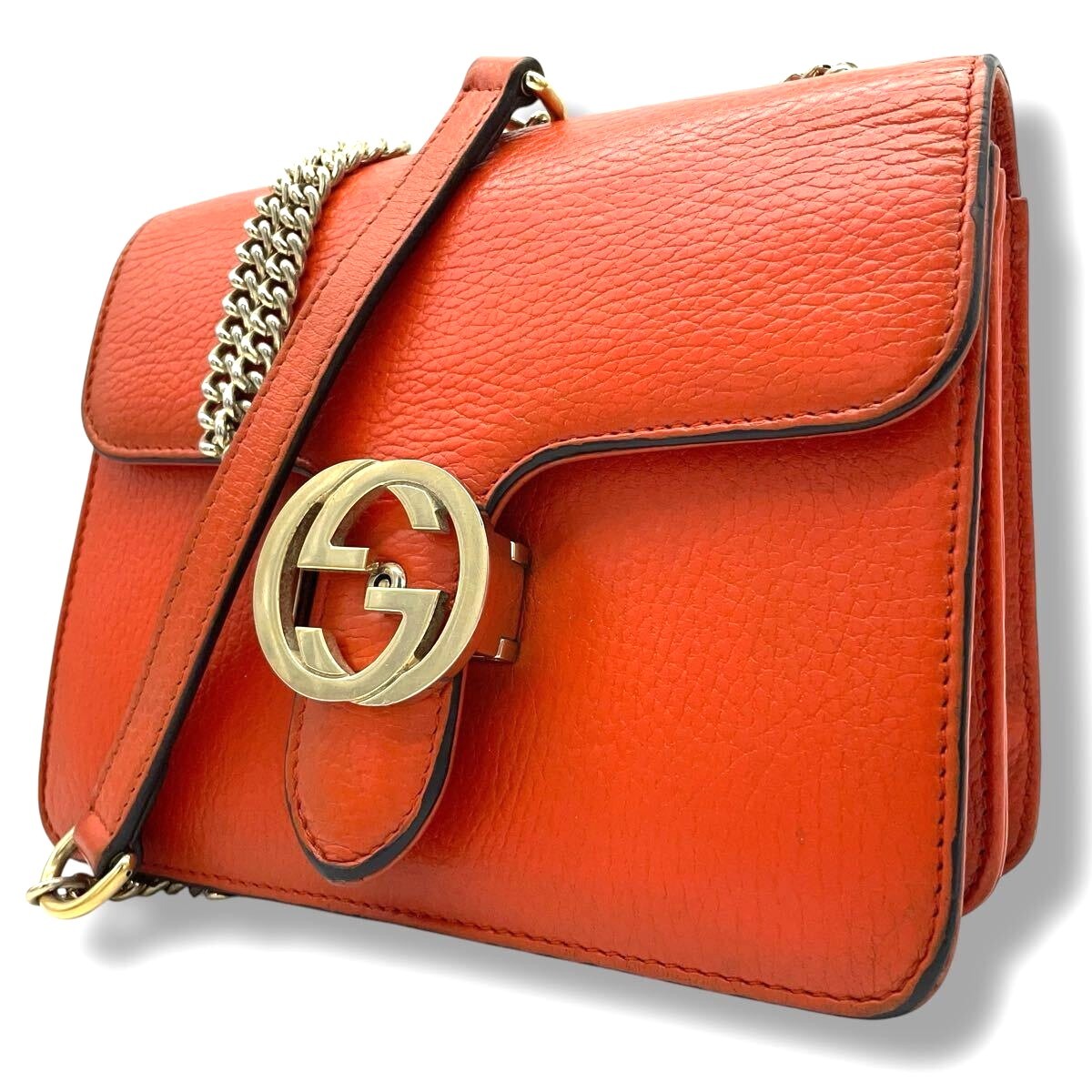 Gucci Orange Leather Interlocking G Chain Shoulder Bag Authentic