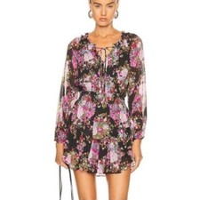 LoveShackFancy Popover Mini Dress Floral Viscose Long Sleeve Black Pink Size S