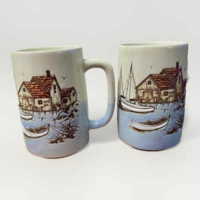Otagiri Nautical Seaside Fishing Village Lighthouse Sea Gull Mugs Set Of 2 Japan