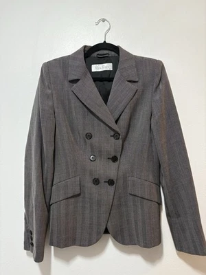 Max Mara Sz 8 Wool Double Breasted Blazer Napoleon Black White Texture Button