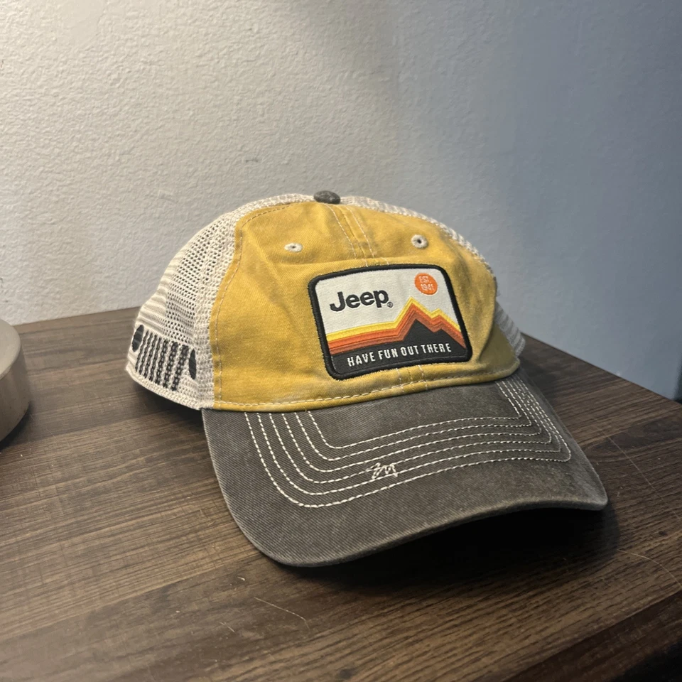 Jeep Have Fun Out There Parche Sombrero SnapBack Malla Retro Amarillo Exterior Camionero Foto 3 de 4