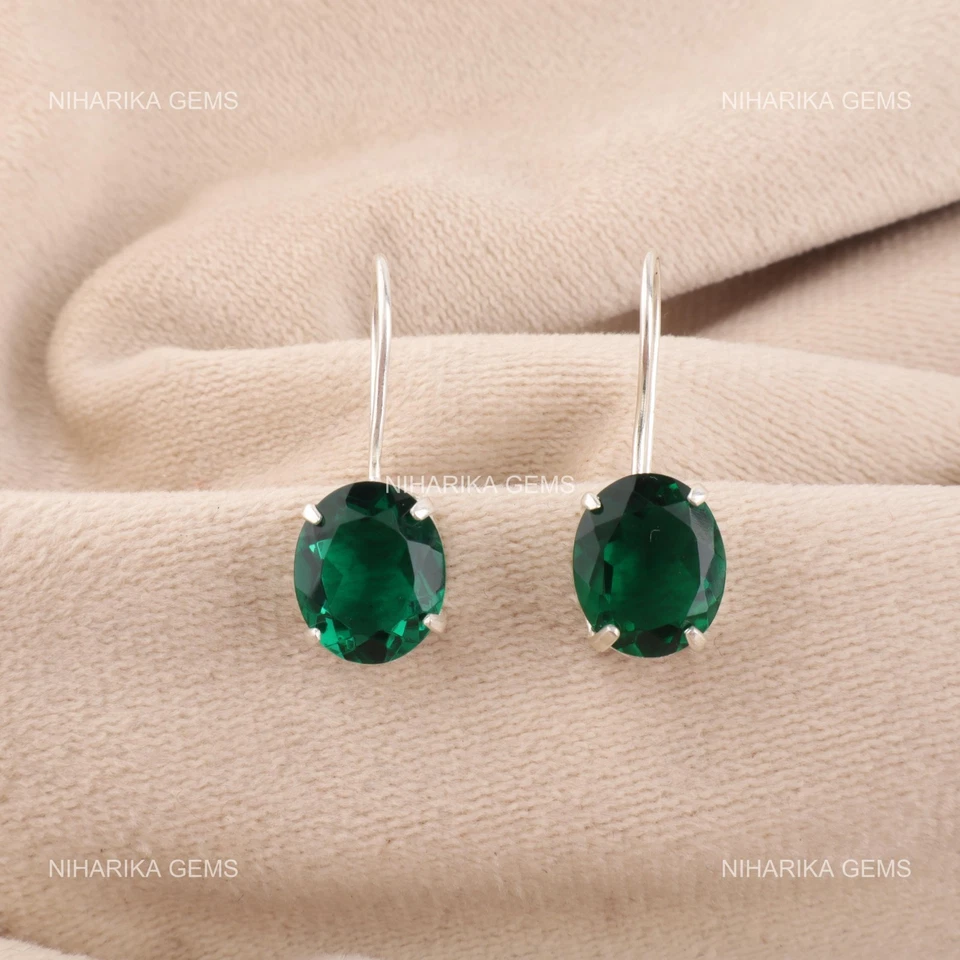 925 Silber Ovale Kunstdiamanten Grün Smaragd Edelstein Haken Lang Handgefertigt - Bild 3 von 4