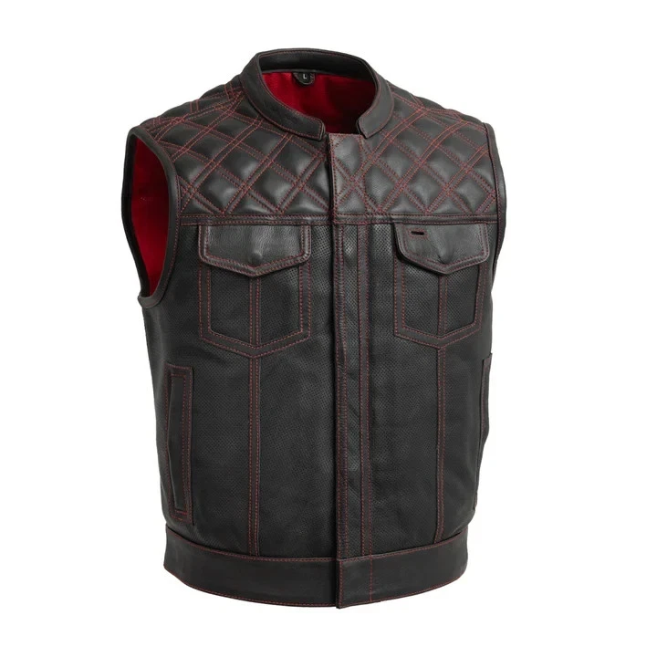 Men's Biker Vest Club Leather Vest Diamond Quilted Red Lining Motocycle Vest