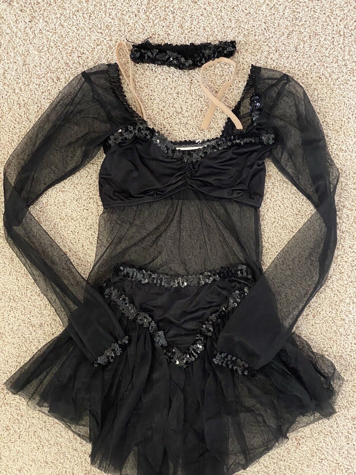 Vintage 1980’s Dance Recital Performance Costume Black Mesh Sequins Top & Bottom