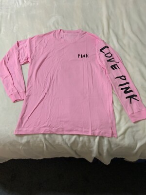 NWT VICTORIA'S SECRET PINK CAMPUS TEE XLARGE LONG SLEEVE CUPID PINK WITH BLACK 