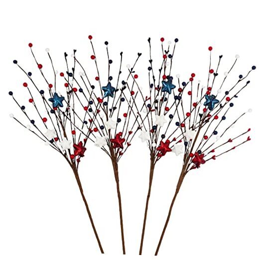 4 pcs Patriotic Picks with Red White Blue Stars Flowers Spray for 4th