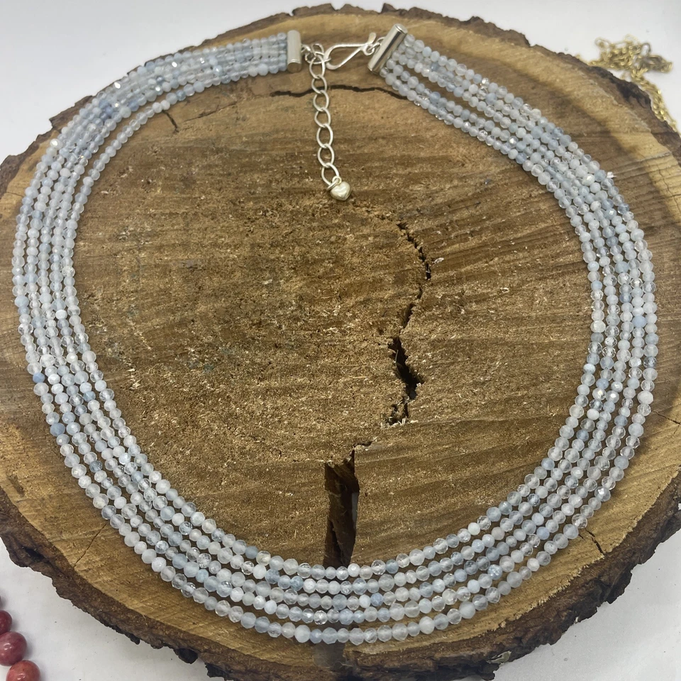 Collar de cuentas de aguamarina facetadas Jay King DTR mina encuentra 5 hilos 925 esterlina