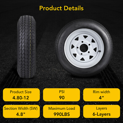 2-Pack 4.80-12 Trailer Tires On Rim PCD 4 Lug on 4 480-12 4.80x12 12 Rims